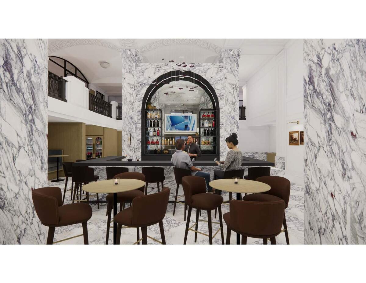 Rendering of the Italian marble lobby lounge by Musume at the Sandman Hotel in downtown Fort Worth.